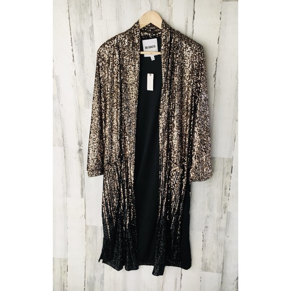 Anthropologie Jackets & Blazers - NWT Antrhopologie Dulcinea Sequined Duster Jacket Long Gold Black Pockets